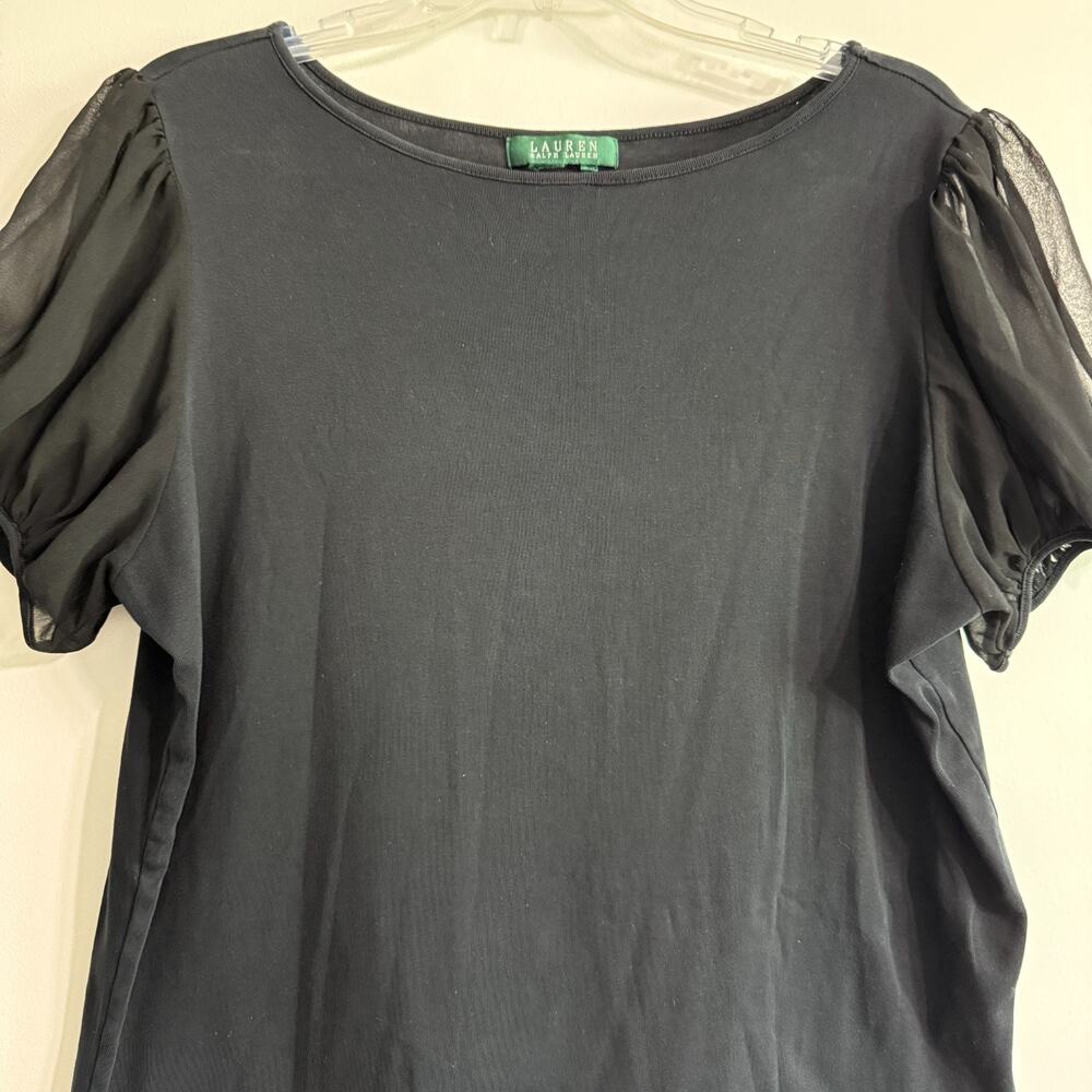 Lauren Ralph Lauren Sheer Puff Sleeve Top Womens Size L Black Romantic Feminine - Picture 3 of 5
